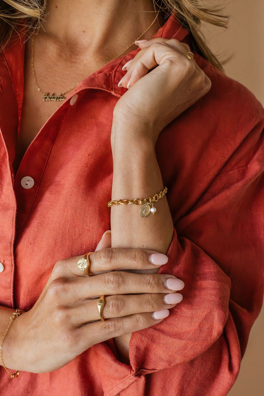 Miraculous Medal and Pearl Ring Band Bracelet