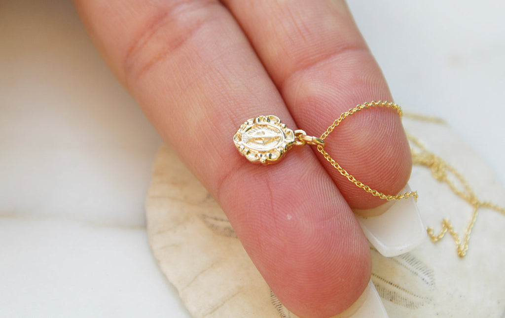 14K Gold Tiny Miraculous Medal Necklace