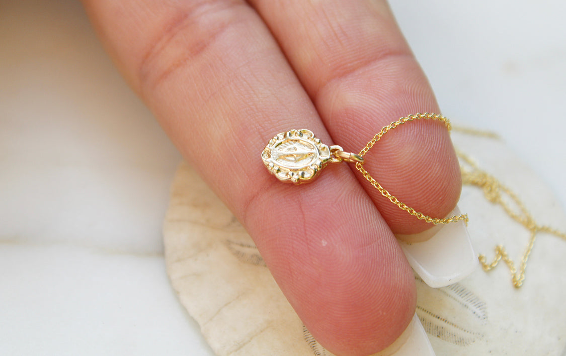 14K Gold Tiny Miraculous Medal Necklace