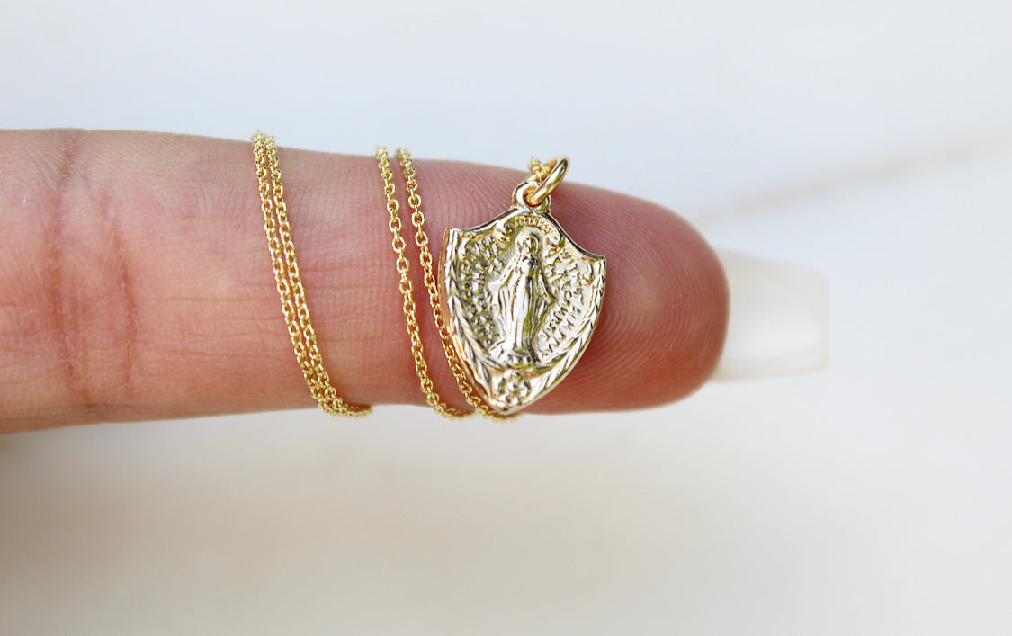 14K Gold Miraculous Medal Shield Necklace