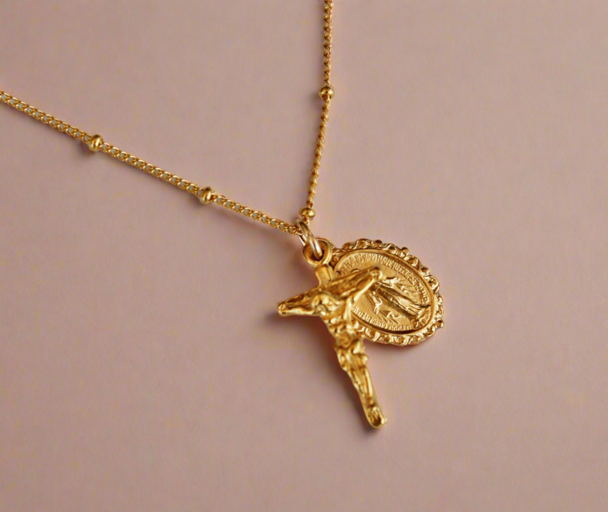 Intricate Miraculous Medal and Crucifix Necklace