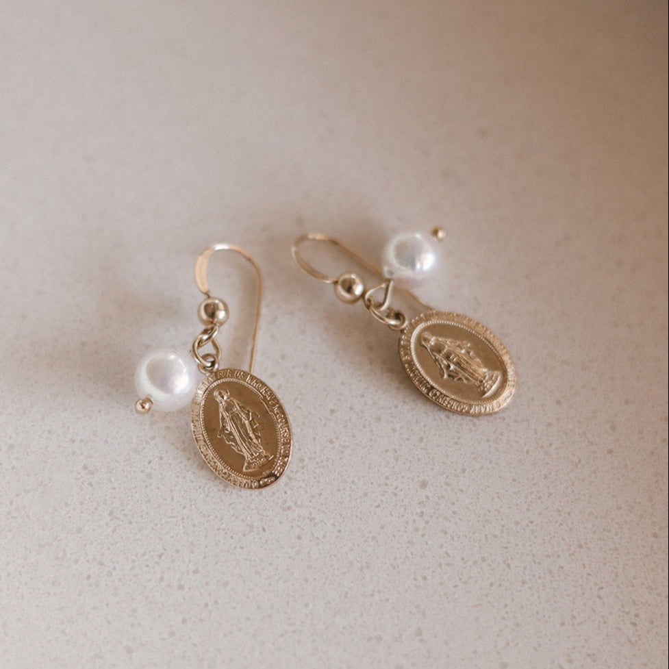Miraculous Medal Earrings with Freshwater Pearl