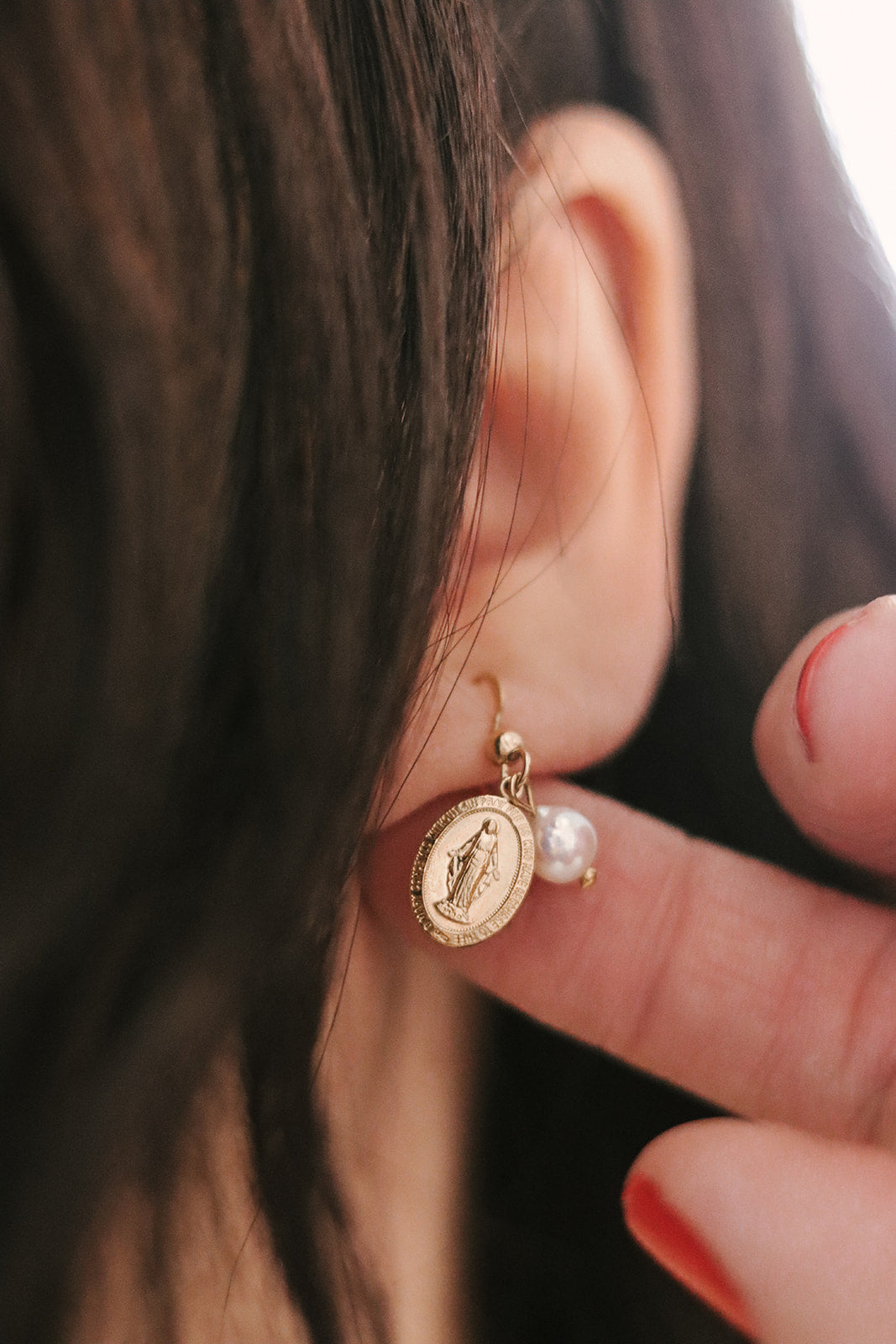 Miraculous Medal Earrings with Freshwater Pearl