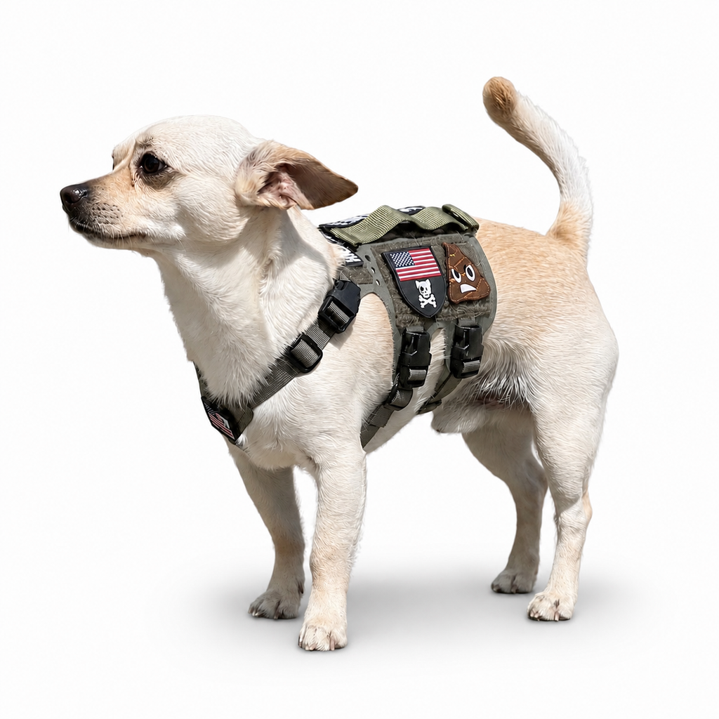 Small white Chihuahua mix wearing a K9R M5 MOLLE Light Harness with tactical patches and American flag