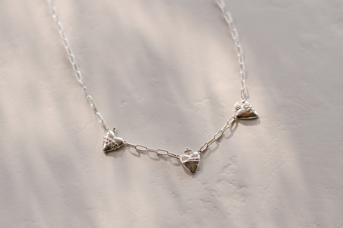 Three Hearts Silver Necklace Paperclip