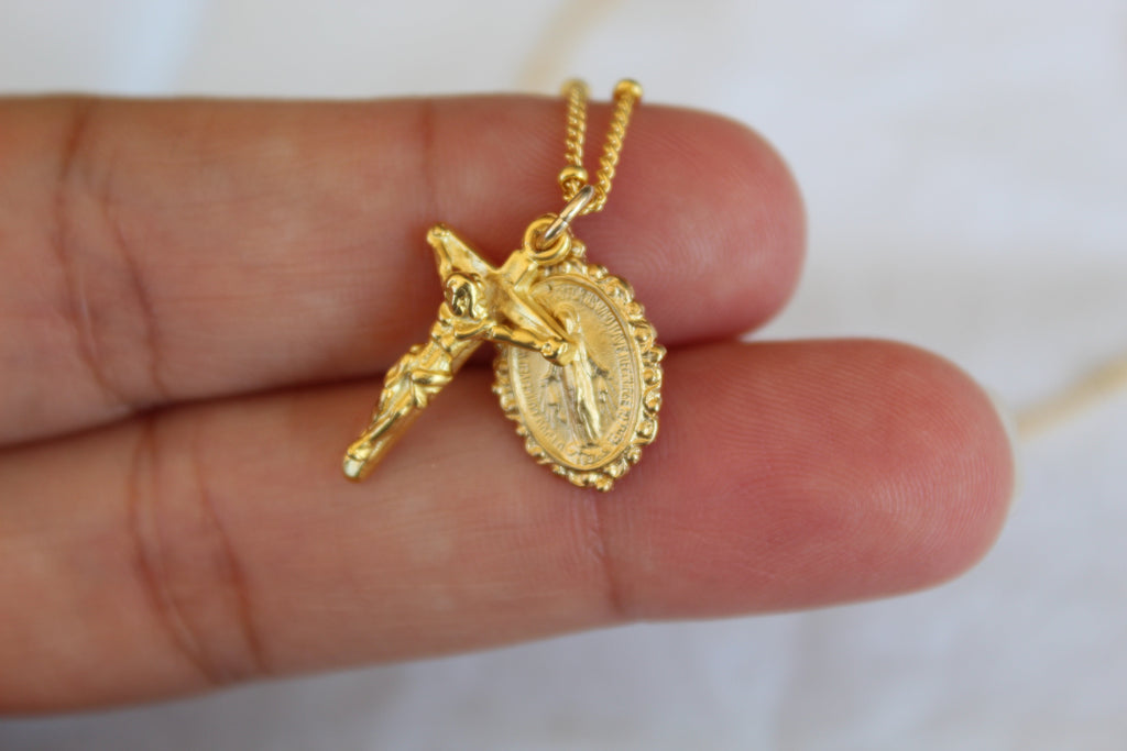 Intricate Miraculous Medal and Crucifix Necklace