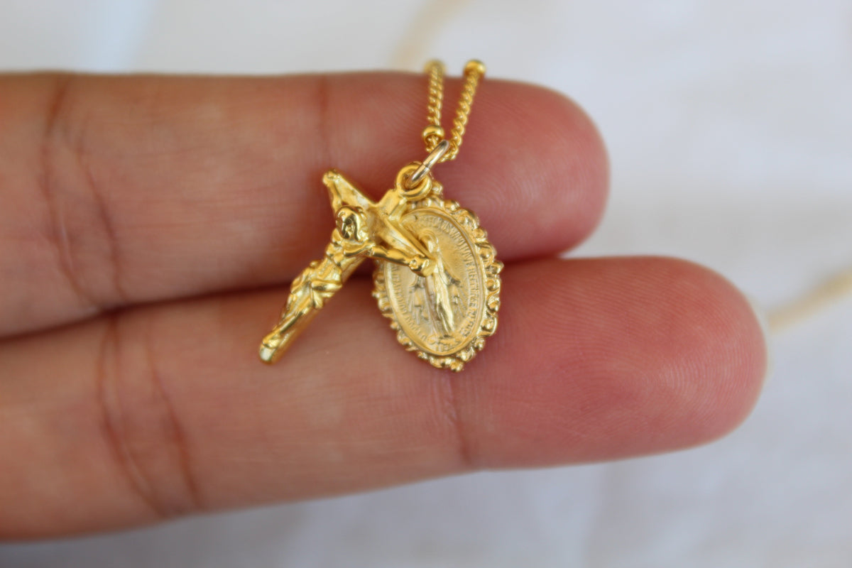 Intricate Miraculous Medal and Crucifix Necklace