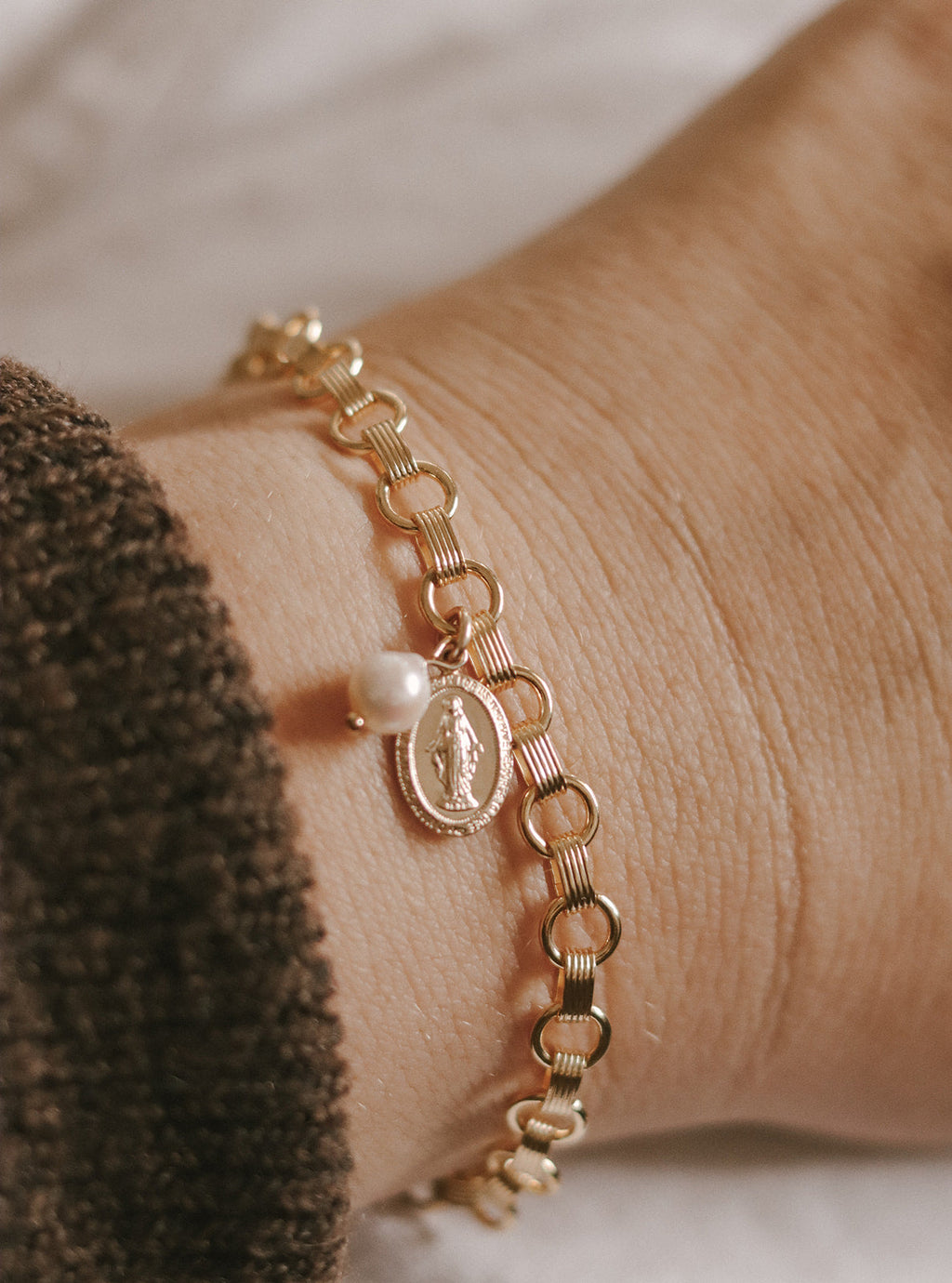 Miraculous Medal and Pearl Ring Band Bracelet