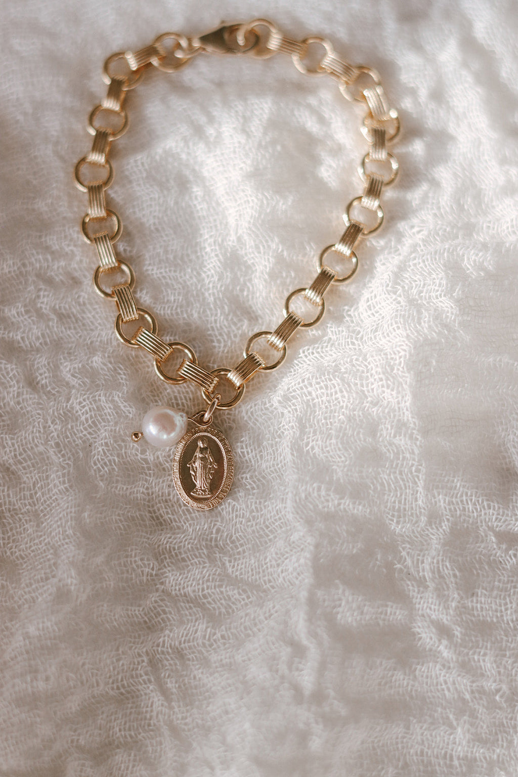 Miraculous Medal and Pearl Ring Band Bracelet
