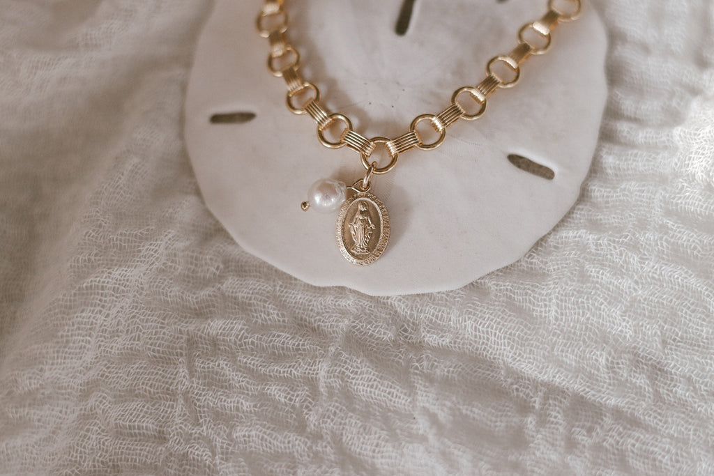 Miraculous Medal and Pearl Ring Band Bracelet