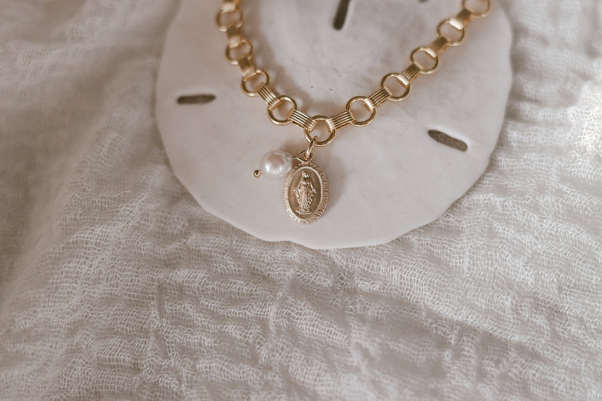 Miraculous Medal and Pearl Ring Band Bracelet