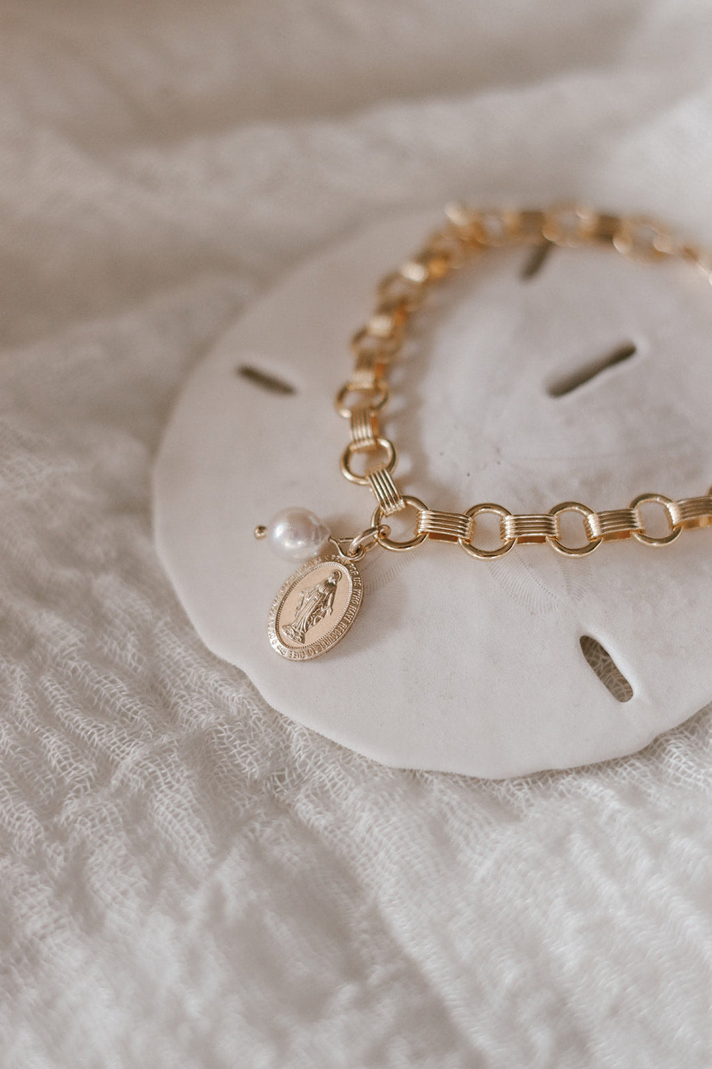 Miraculous Medal and Pearl Ring Band Bracelet