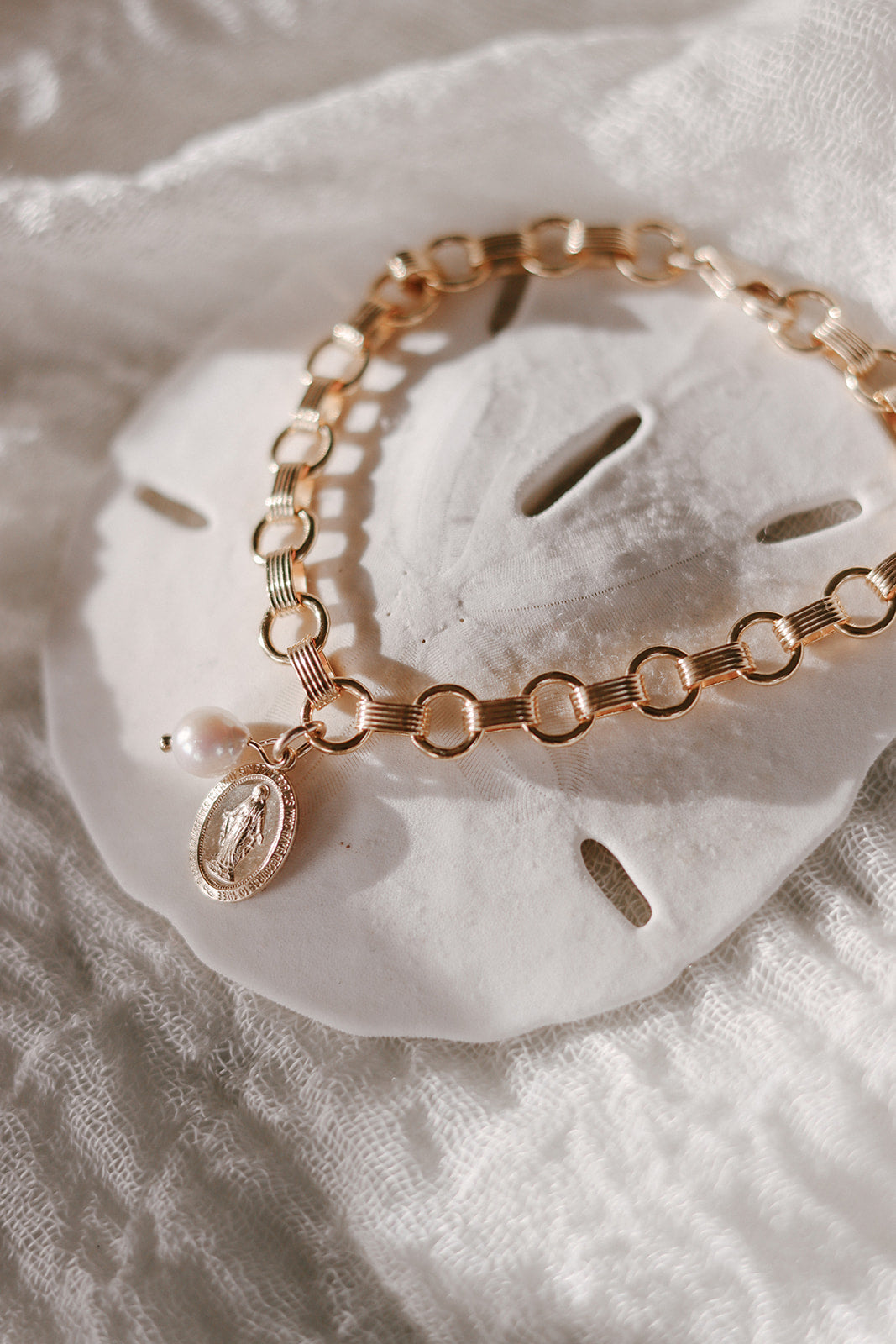 Miraculous Medal and Pearl Ring Band Bracelet