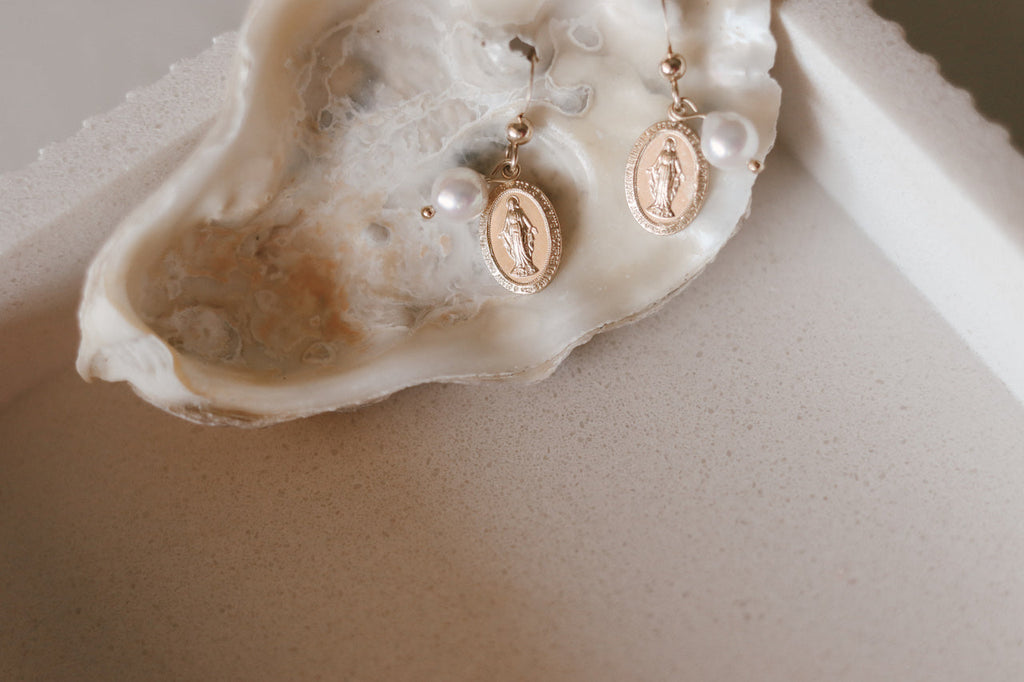 Miraculous Medal Earrings with Freshwater Pearl