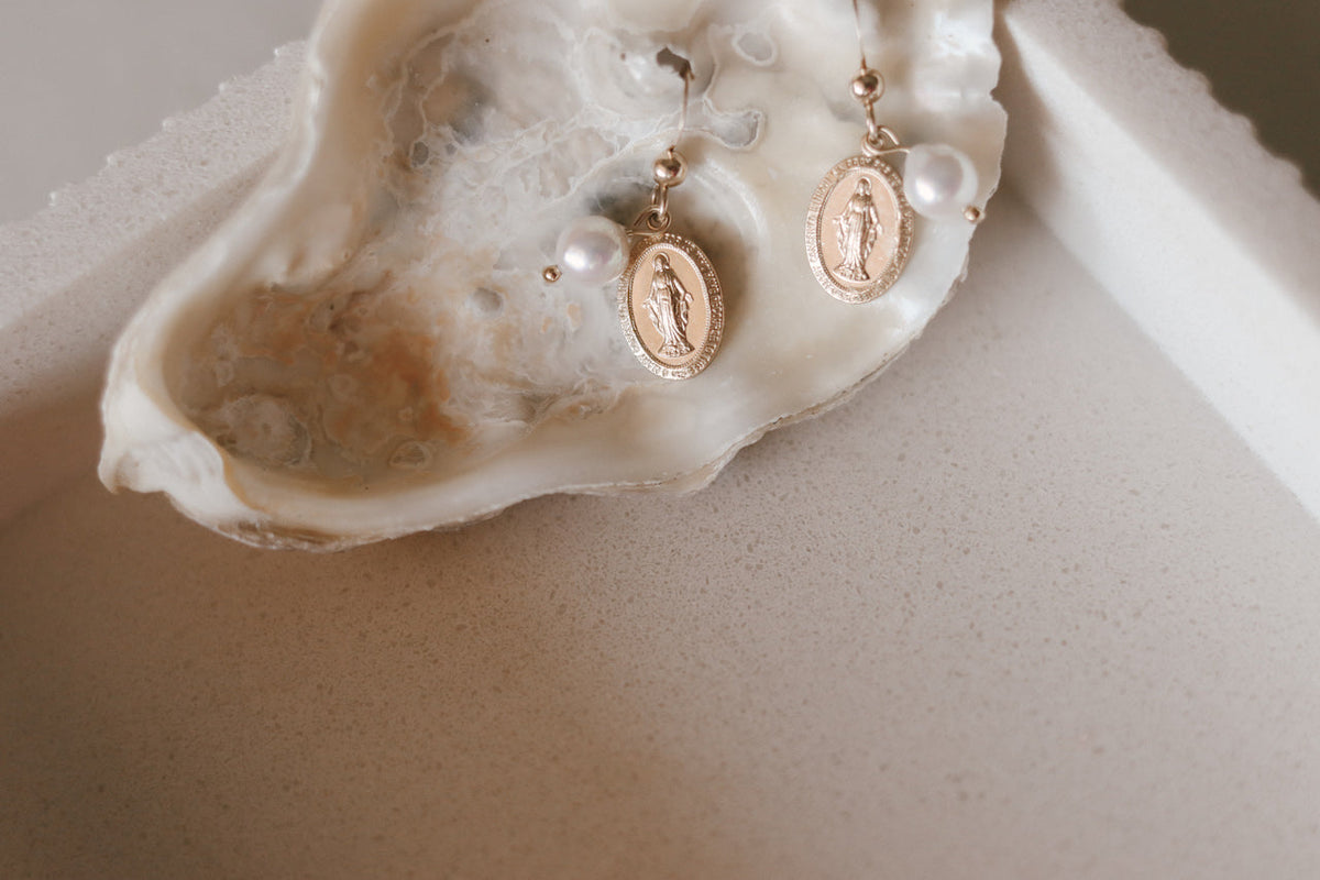 Miraculous Medal Earrings with Freshwater Pearl