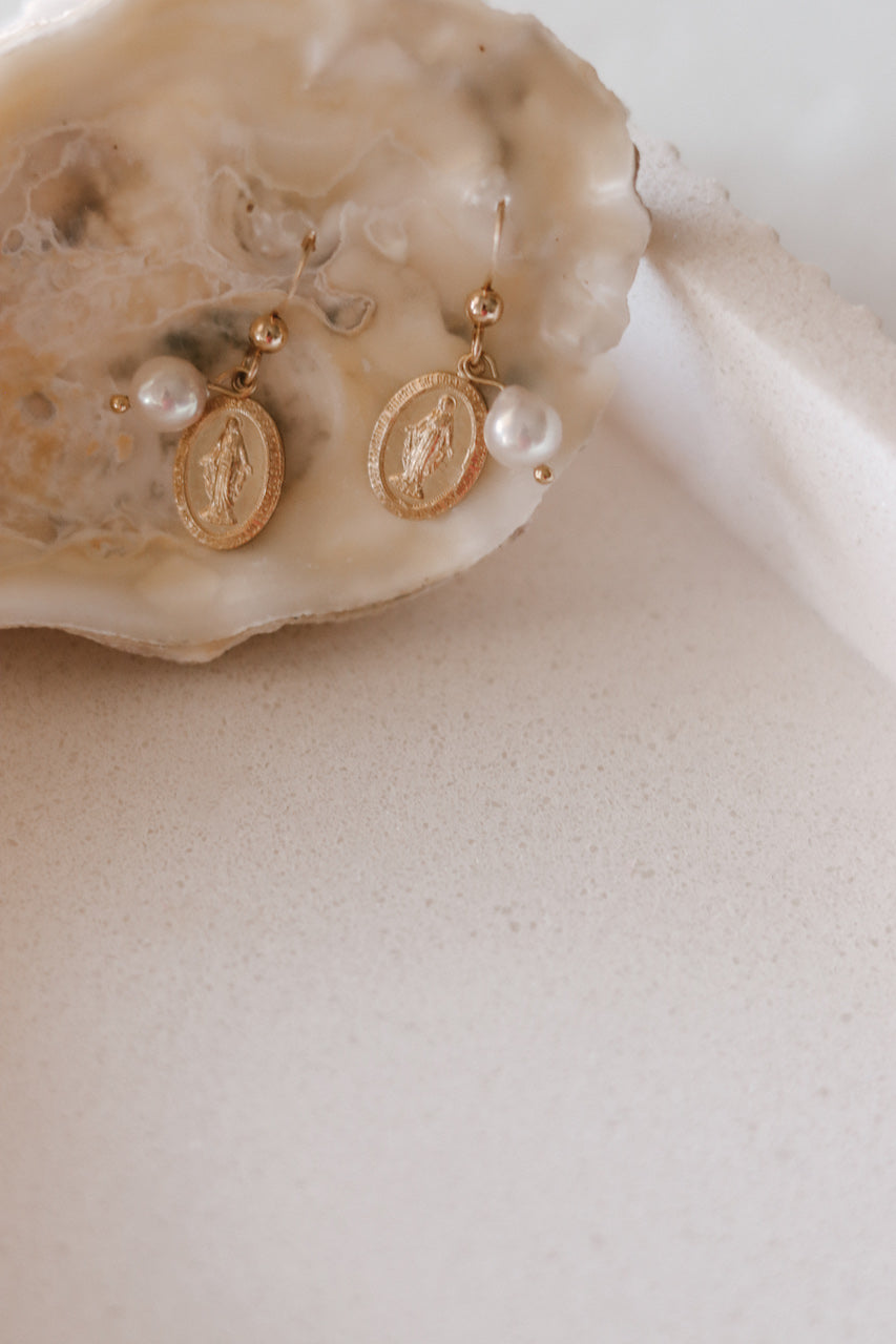Miraculous Medal Earrings with Freshwater Pearl