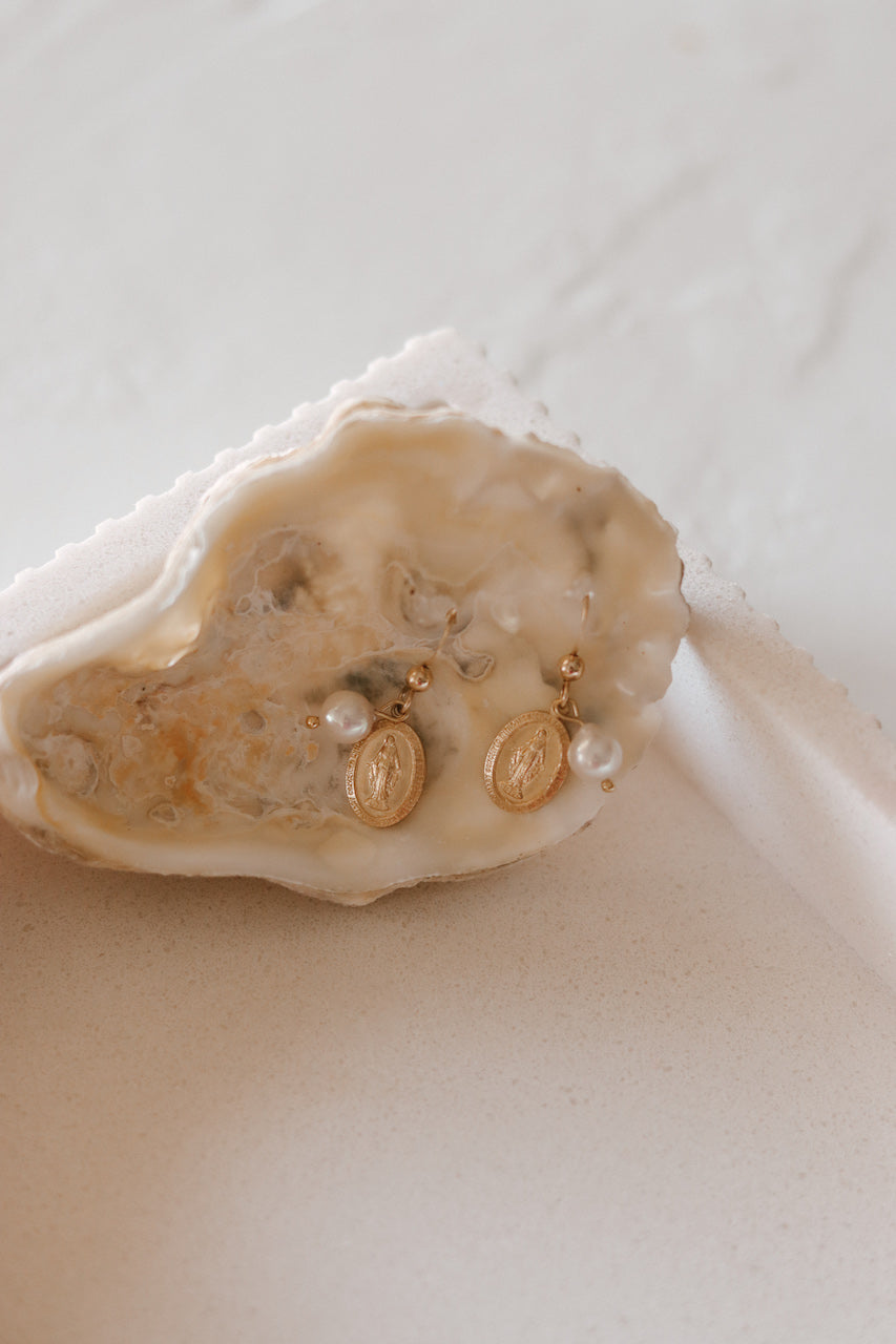 Miraculous Medal Earrings with Freshwater Pearl
