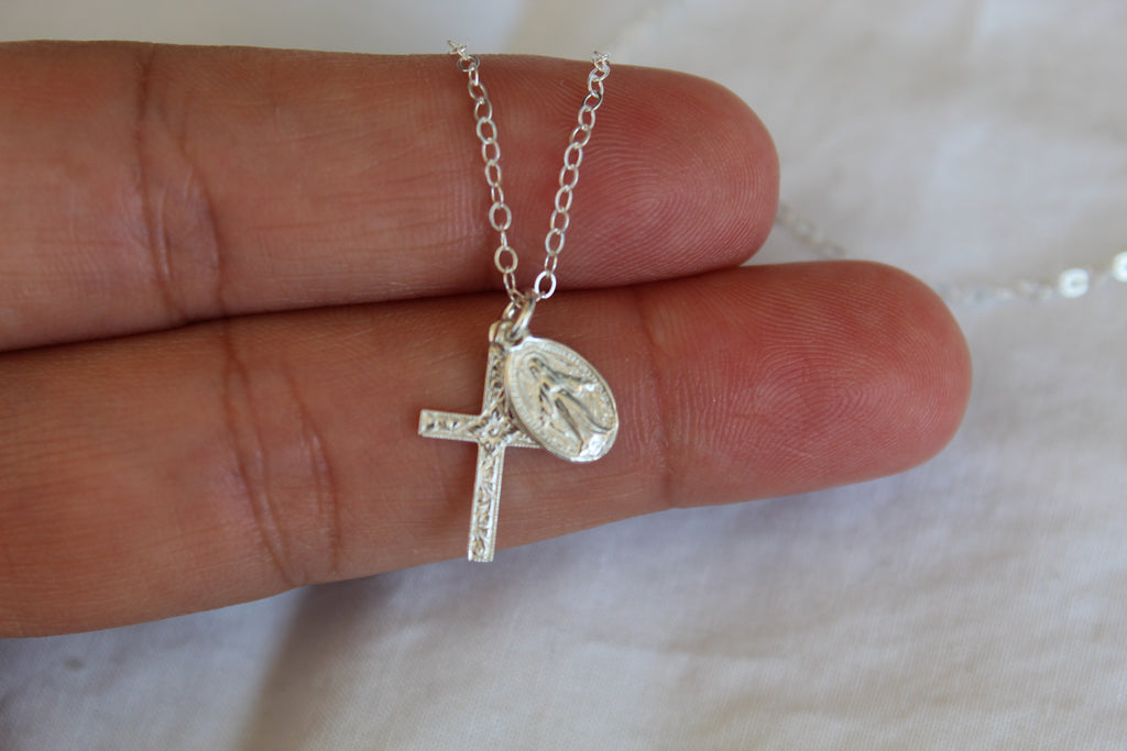 Miraculous Medal & Spanish Cross Necklace in Silver