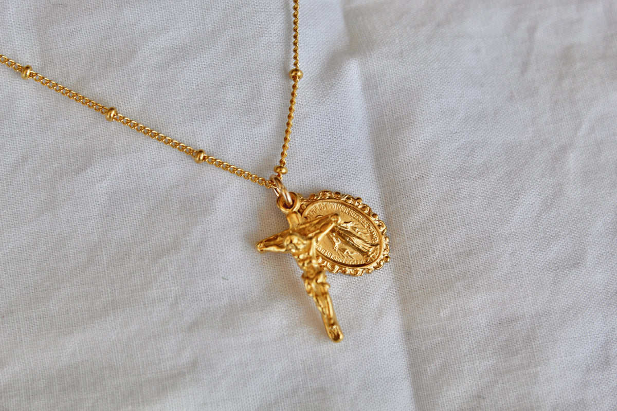 Intricate Miraculous Medal and Crucifix Necklace