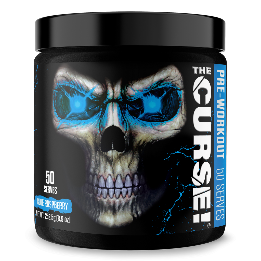 The Curse! Pre-Workout Blue Raspberry flavor 50 serves black container with glowing skull design