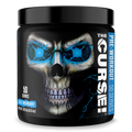 The Curse! Pre-Workout Blue Raspberry flavor 50 serves black container with glowing skull design