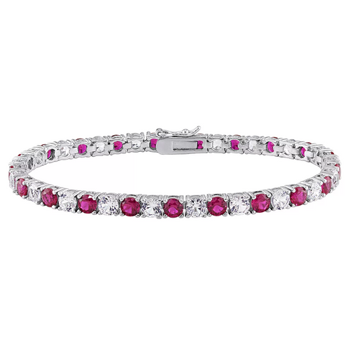 Lab-created ruby and white sapphire tennis bracelet in 14K gold overlay with alternating pink and clear round gemstones