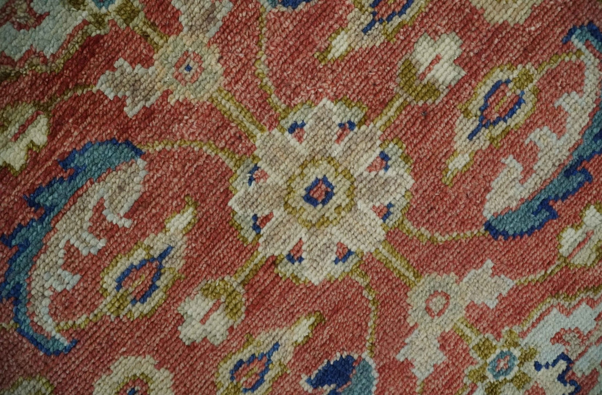 Antique Floral Style Rust, Teal, Ivory and Olive Hand Knotted Oriental Oushak 8x10 Wool Area Rug