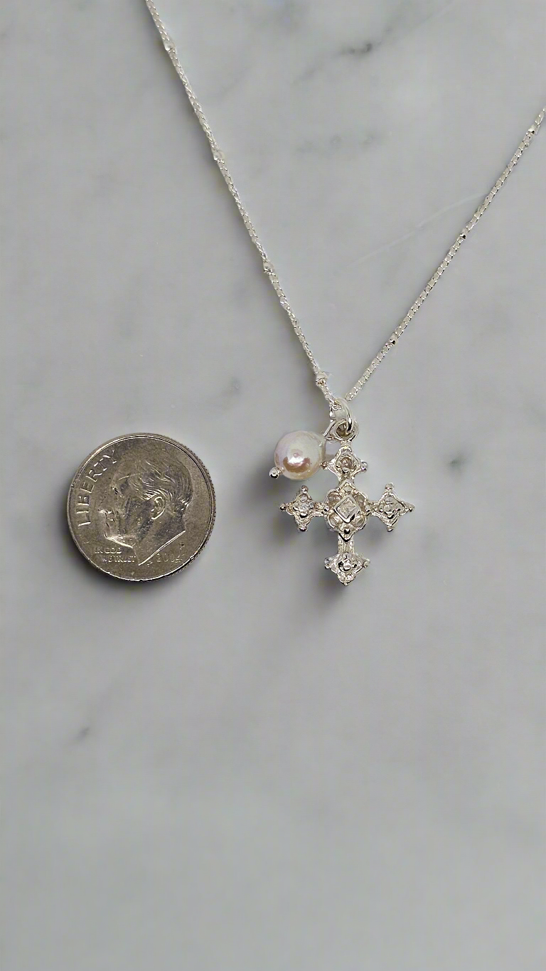 Coptic Cross & Pearl Necklace in Silver
