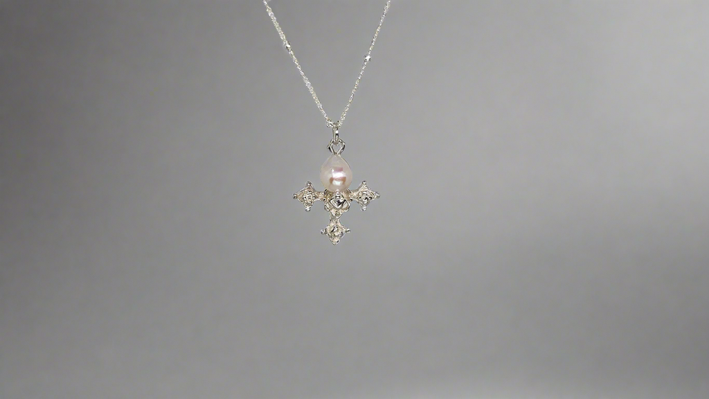 Coptic Cross & Pearl Necklace in Silver