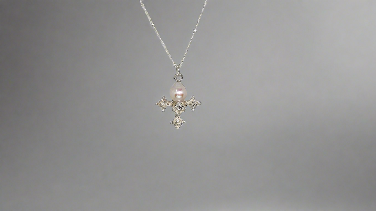 Coptic Cross & Pearl Necklace in Silver