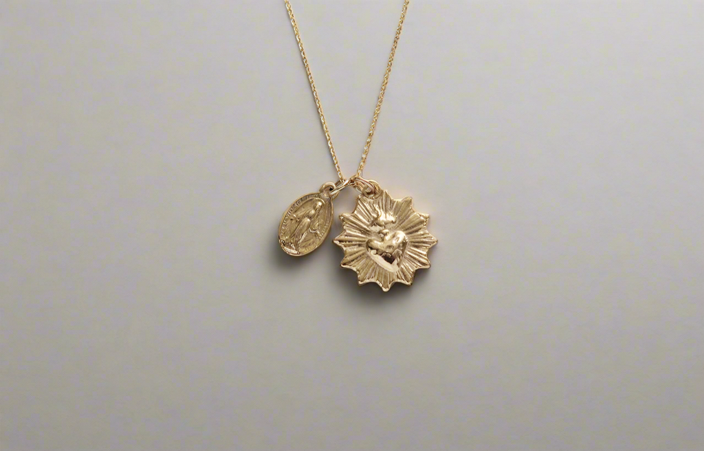 Sacred Heart and Miraculous Medal Necklace in 14k Gold