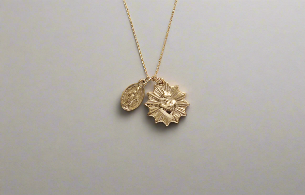 Sacred Heart and Miraculous Medal Necklace in 14k Gold