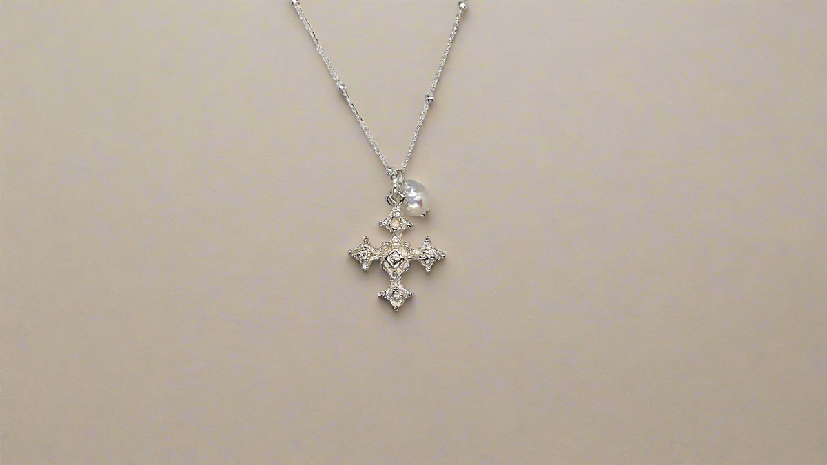 Coptic Cross & Pearl Necklace in Silver