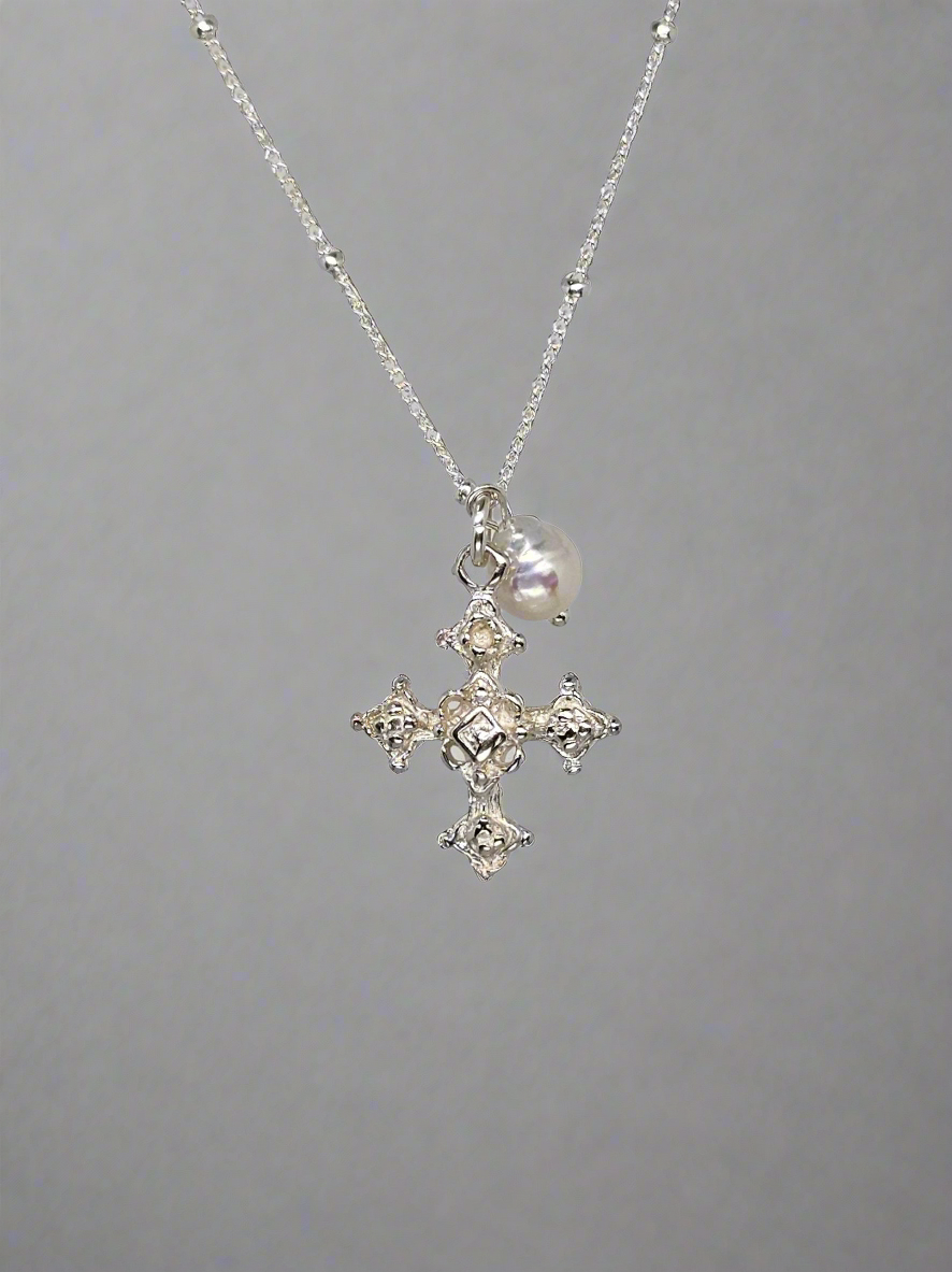 Coptic Cross & Pearl Necklace in Silver