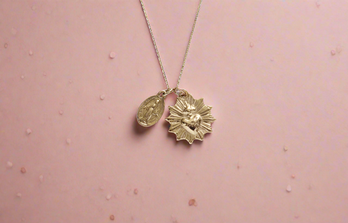 Sacred Heart and Miraculous Medal Necklace in 14k Gold