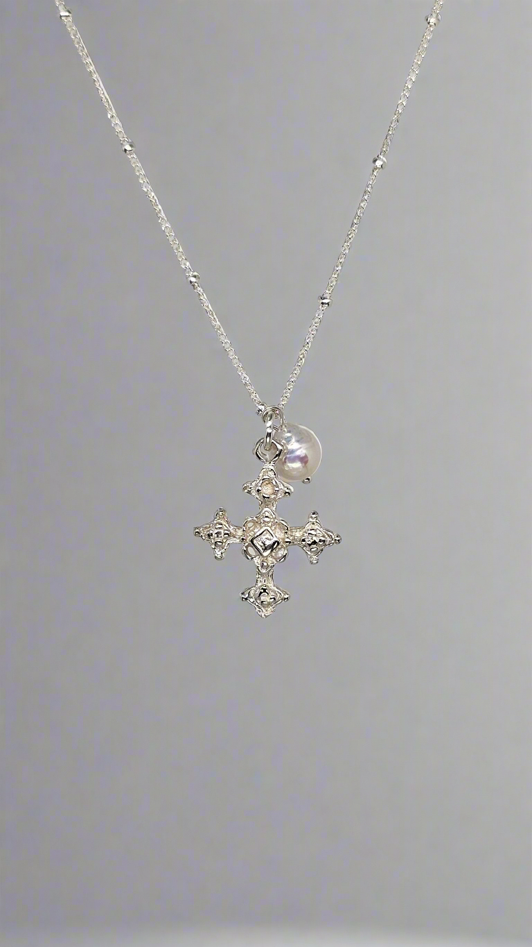 Coptic Cross & Pearl Necklace in Silver