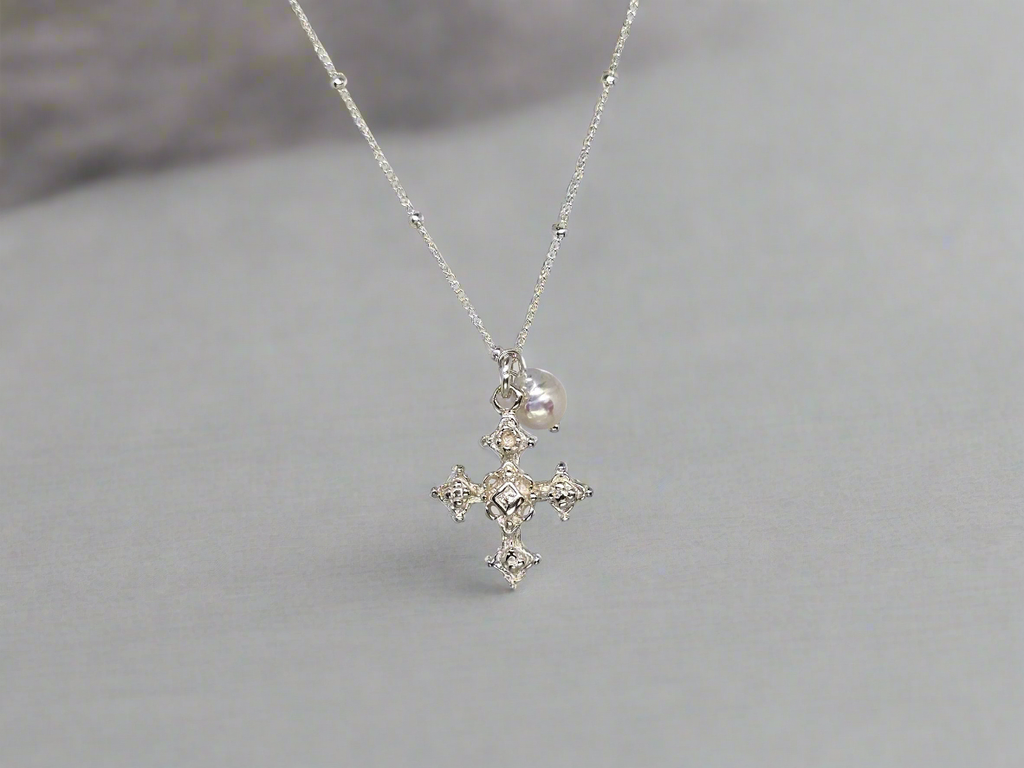 Coptic Cross & Pearl Necklace in Silver
