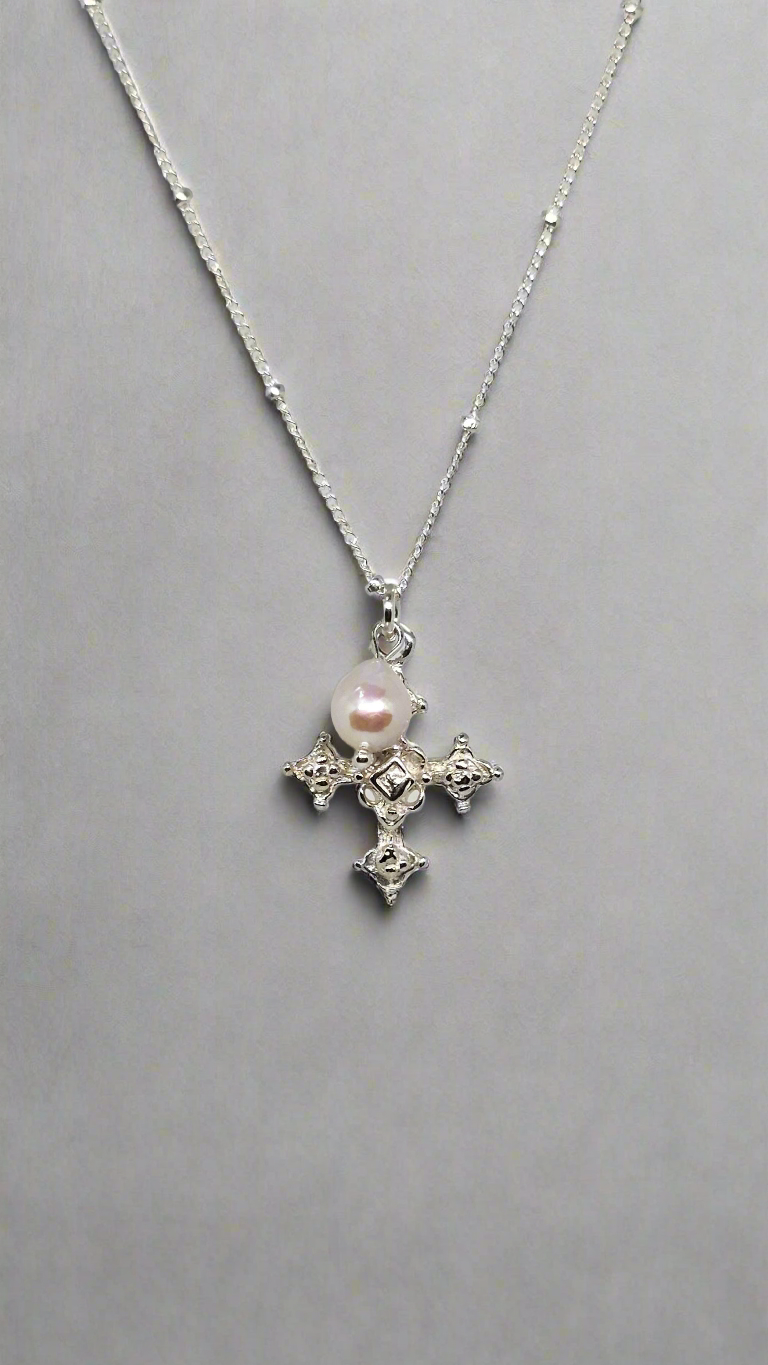 Coptic Cross & Pearl Necklace in Silver