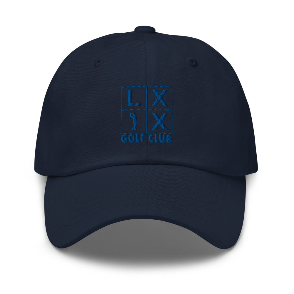Four Box Logo Dad Hat — Low-Profile Cotton Golf Cap (Blue Logo)