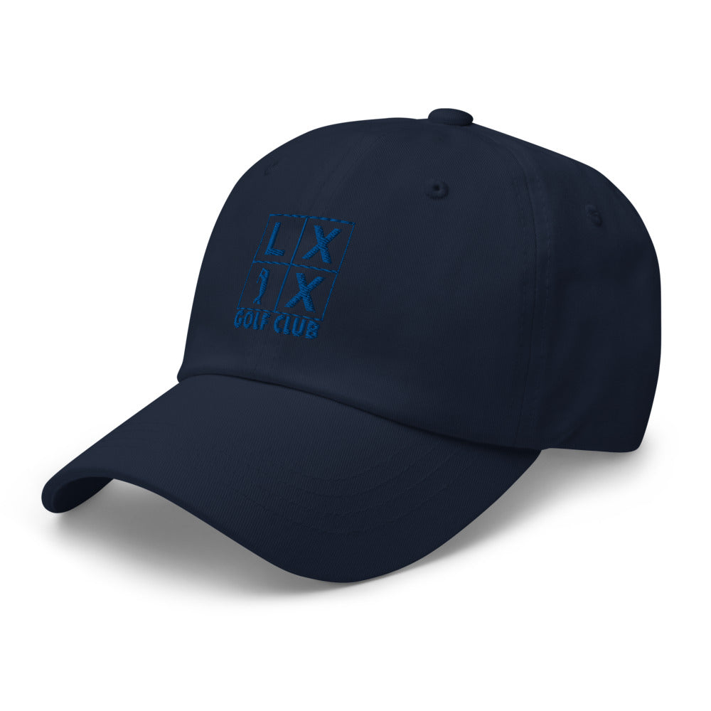 Four Box Logo Dad Hat — Low-Profile Cotton Golf Cap (Blue Logo)