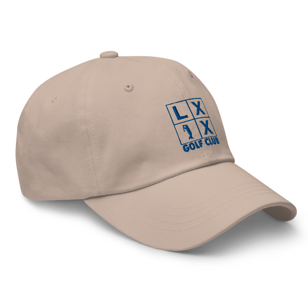 Four Box Logo Dad Hat — Low-Profile Cotton Golf Cap (Blue Logo)