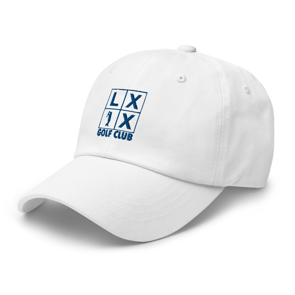 Four Box Logo Dad Hat — Low-Profile Cotton Golf Cap (Blue Logo)
