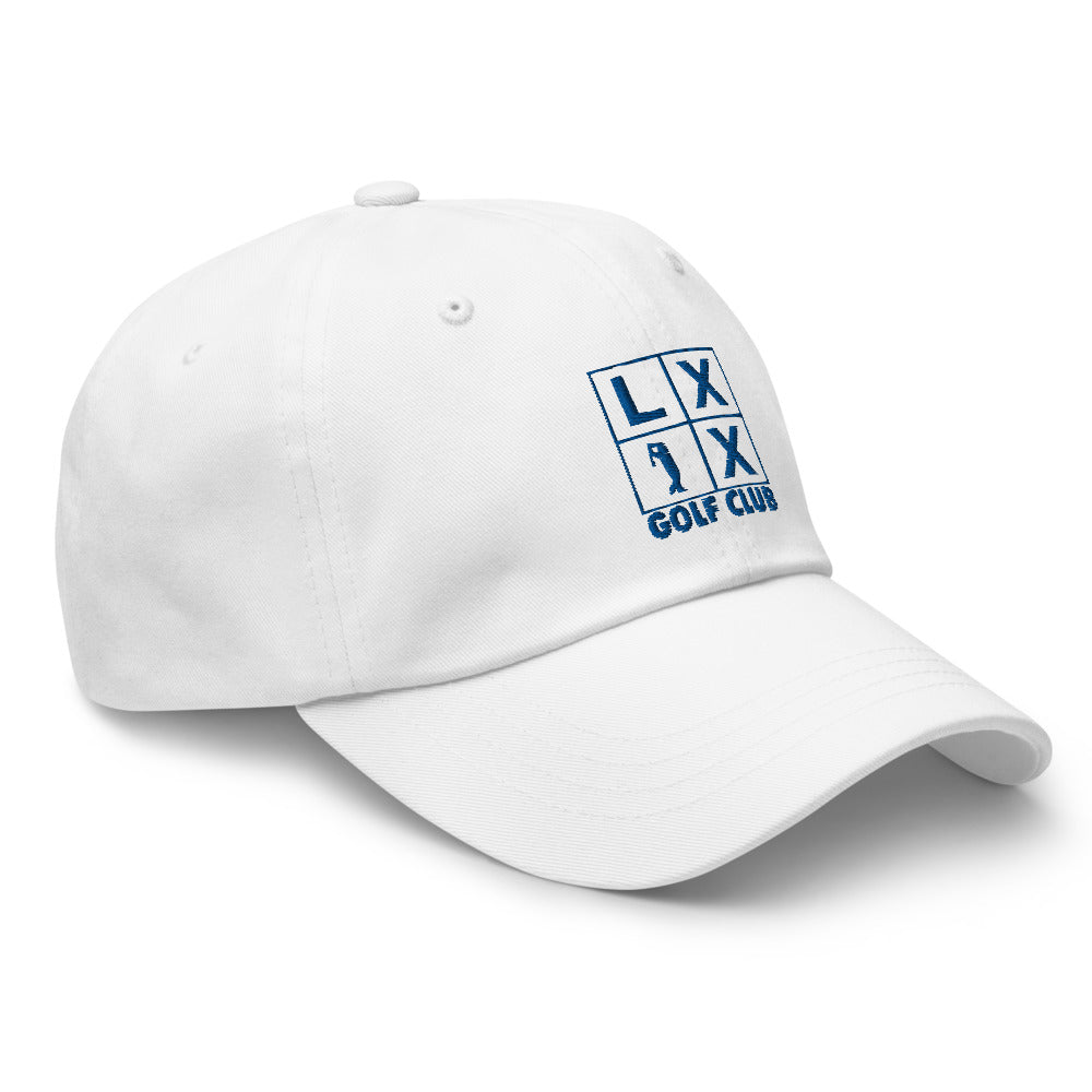 Four Box Logo Dad Hat — Low-Profile Cotton Golf Cap (Blue Logo)