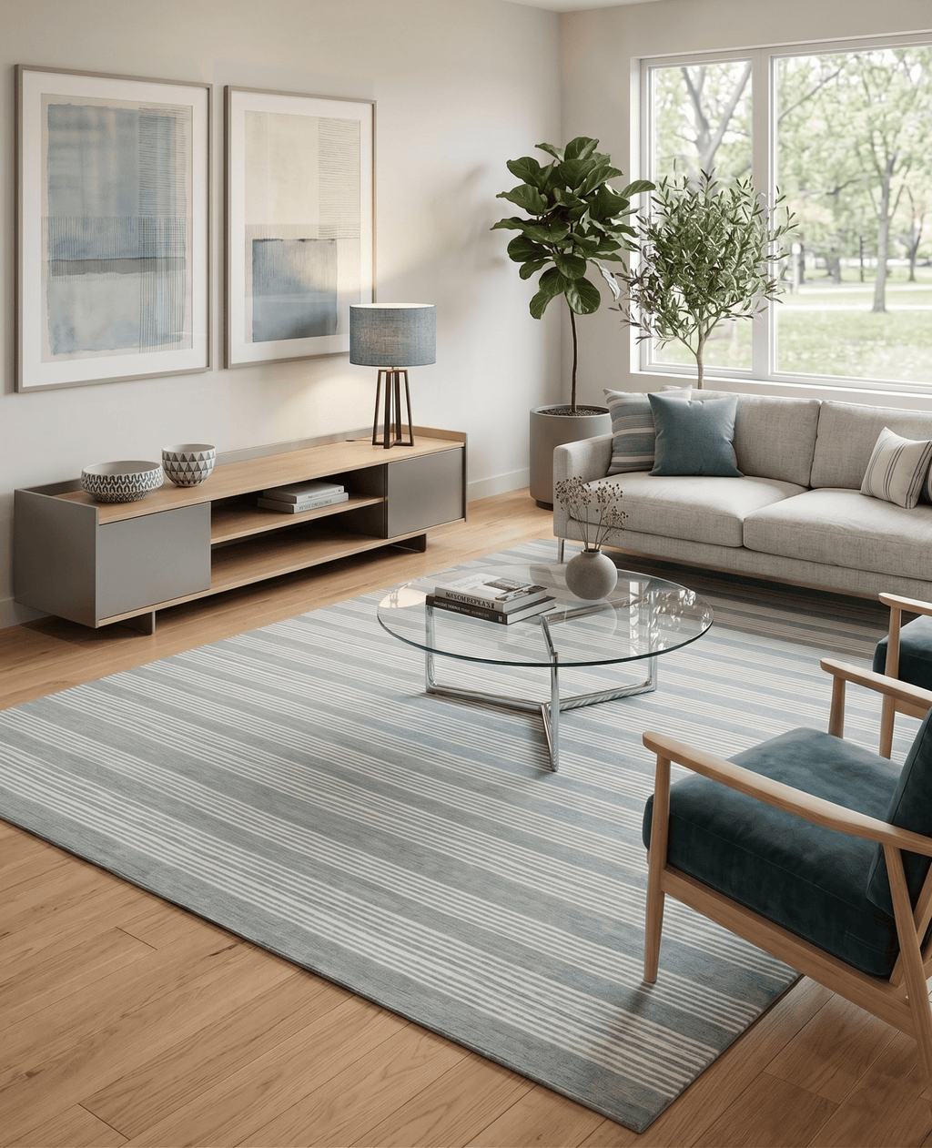 Modern Stripes Pattern Grey and Ivory Hand Tufted Wool Area Rug