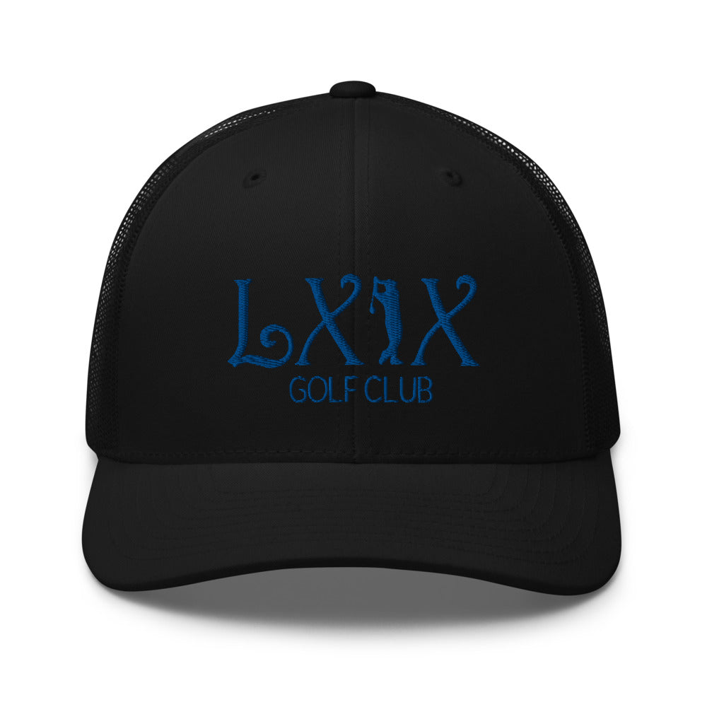 Curve Logo Trucker Hat — Mesh-Back Snapback Cap (Blue Logo)