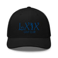 Curve Logo Trucker Hat — Mesh-Back Snapback Cap (Blue Logo)
