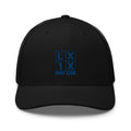Four Box Logo Trucker Hat — Mesh-Back Snapback Cap (Blue Logo)