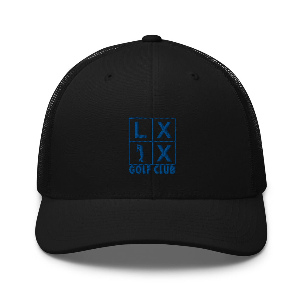 Four Box Logo Trucker Hat — Mesh-Back Snapback Cap (Blue Logo)