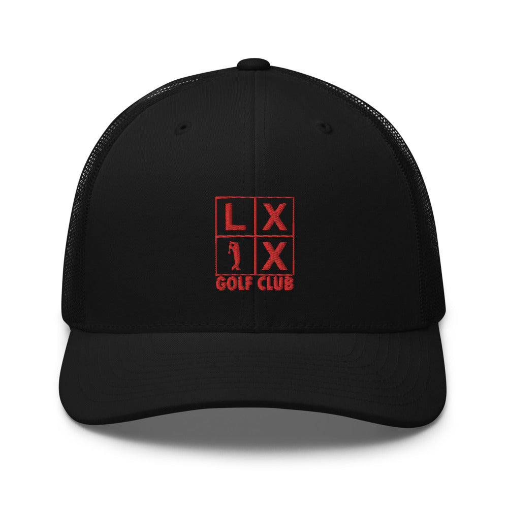 Four Box Logo Trucker Hat — Mesh-Back Snapback Cap (Red Logo)