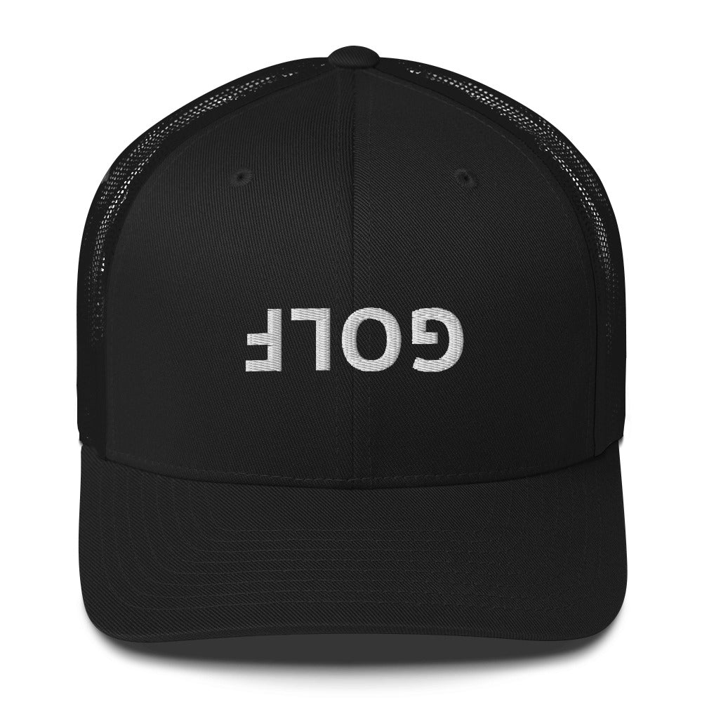 Upside Down Golf Trucker Hat — White Logo Snapback Cap